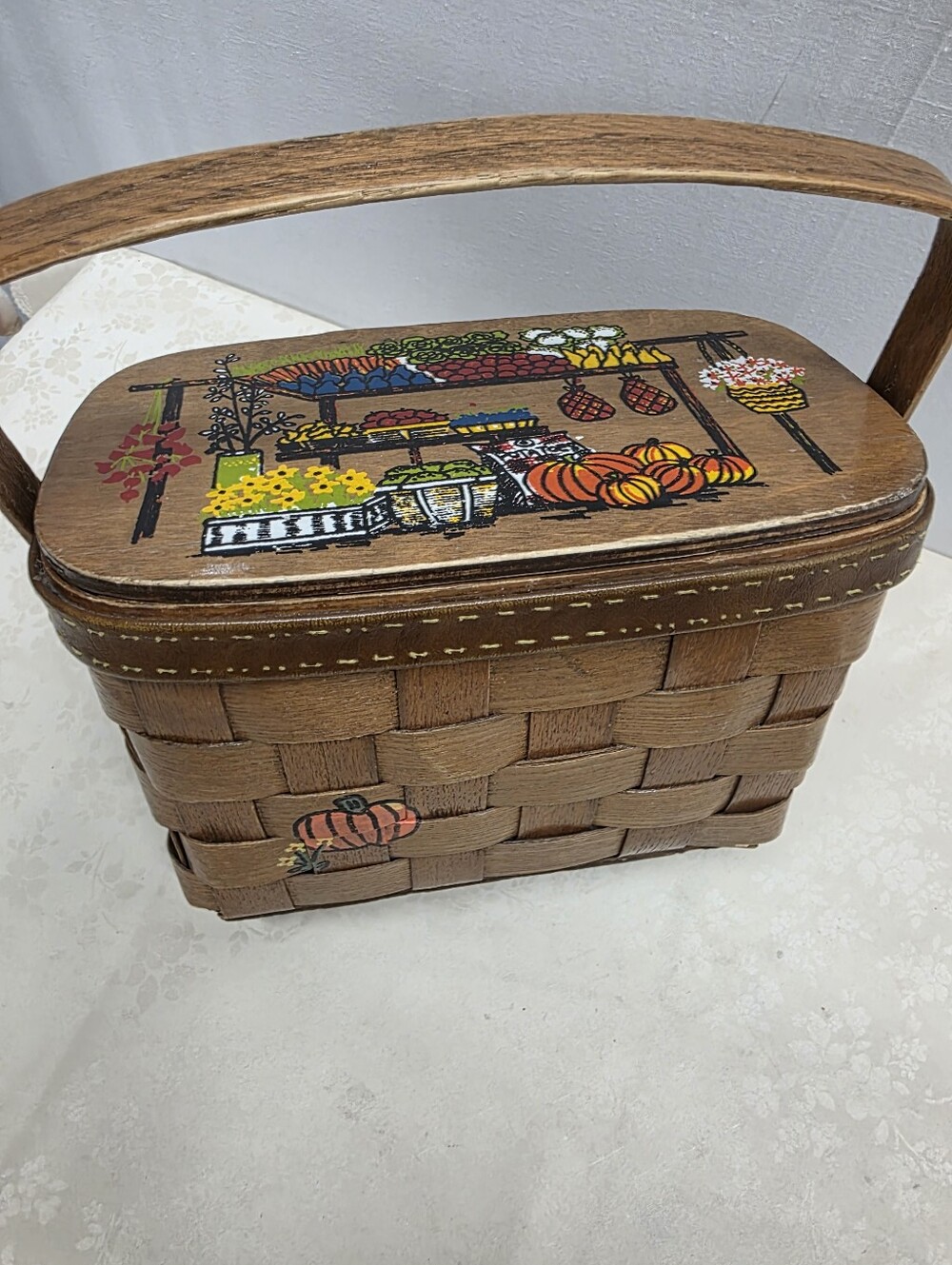 Vintage Caro-Nan Hand Painted Basket Purse Farmers Market Pumpkins Folk Art Sign